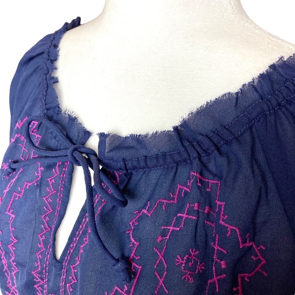 American Eagle long sleeve navy sheer blouse top with purple embroidery-Sz S - Picture 5 of 13